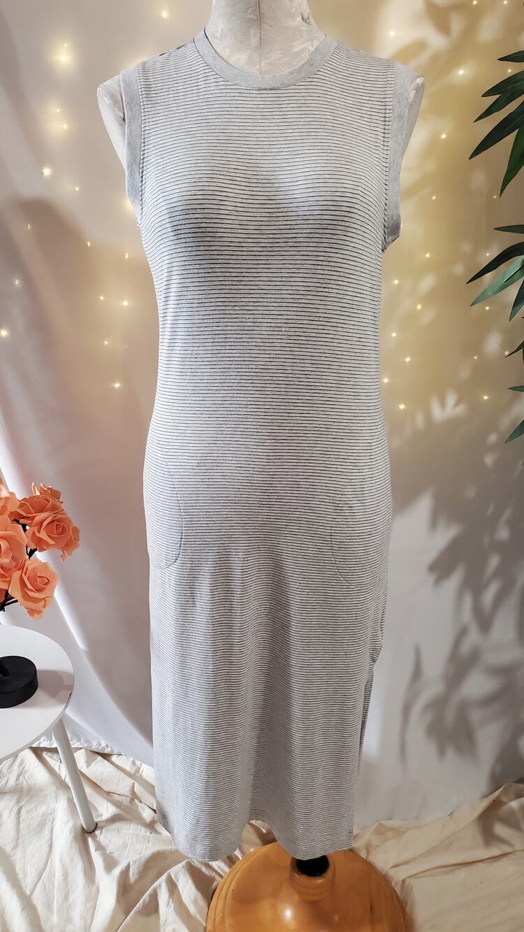 Tasc Organic Bamboo Cotton Striped Sleeveless Midi Tank Dress Size XS Pockets